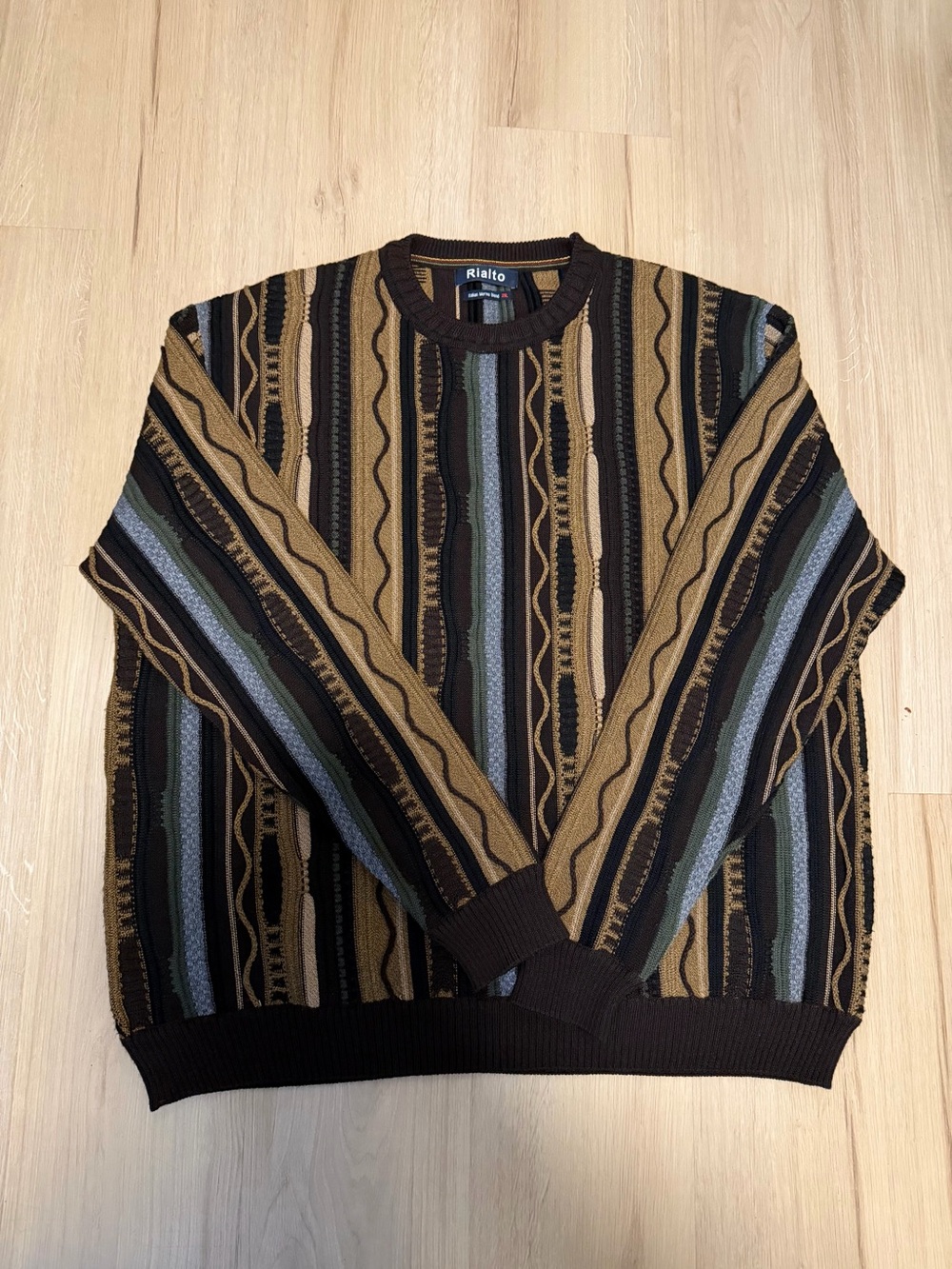 Vintage Rialto Men's Knitted Brown Multicolor Vertical Stripe Crewneck Sweater